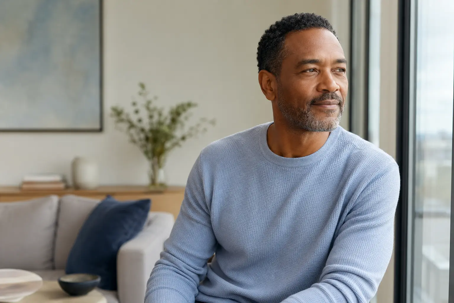A confident adult man in a relaxed home setting