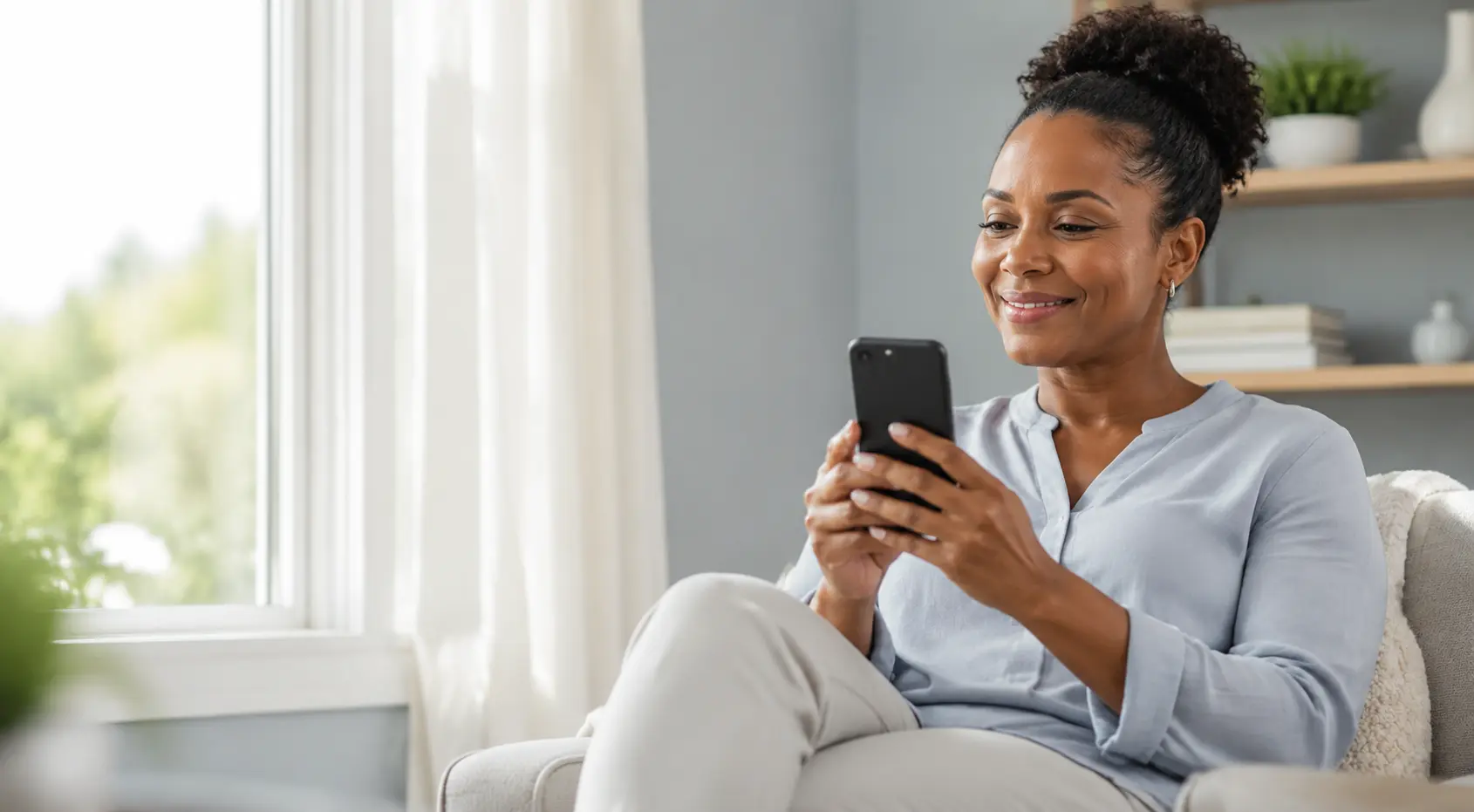 Woman using her phone for convenient virtual healthcare access