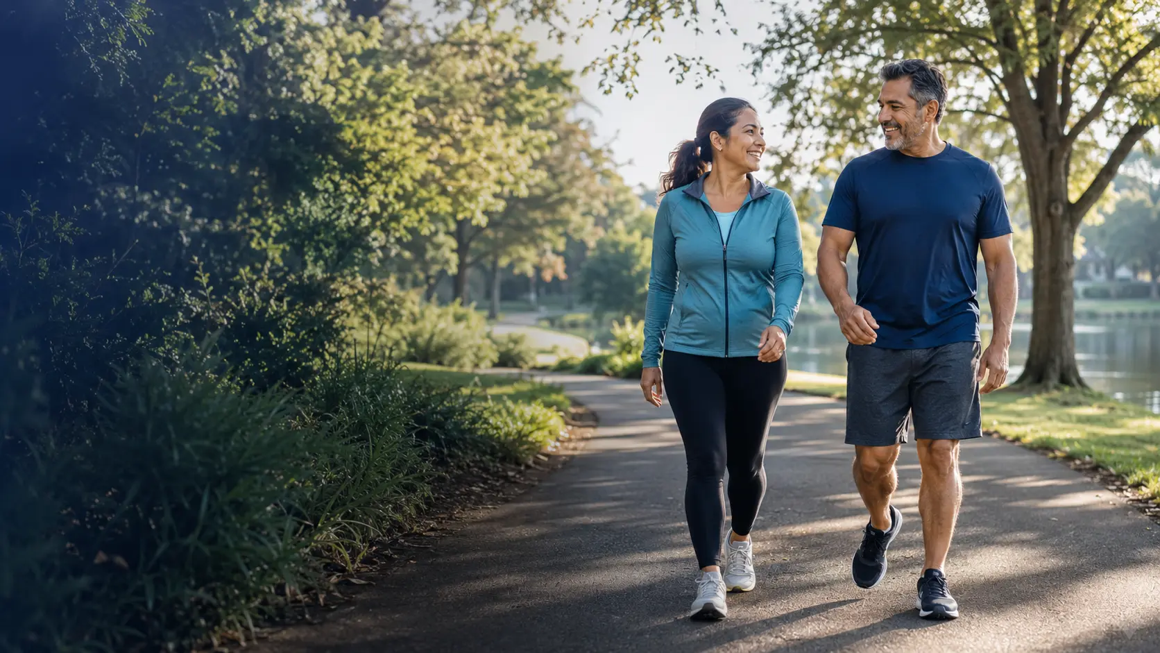 Two adults walking together outdoors as part of a healthy lifestyle