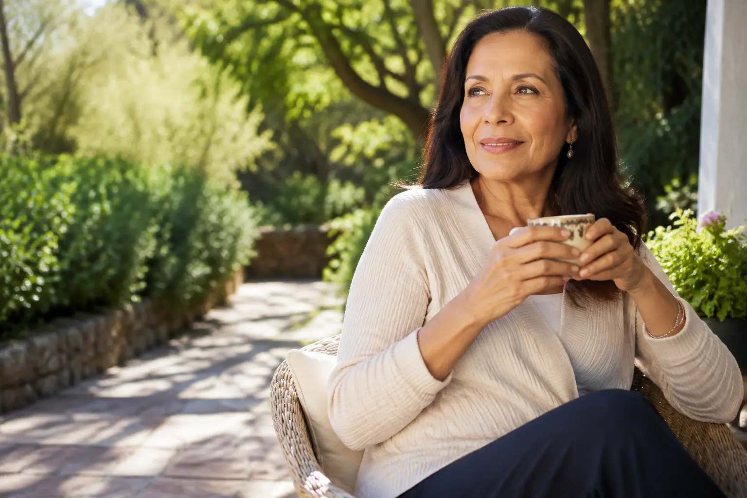 A confident adult woman enjoying a calm moment outdoors